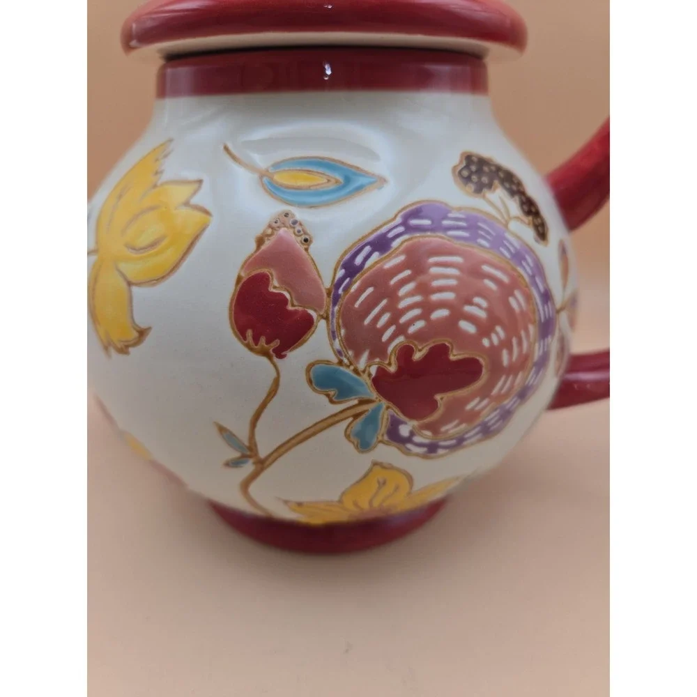 Floral Red TeaPot. Dutch Wax Ceramic with lid. Bright. Colors 7.25